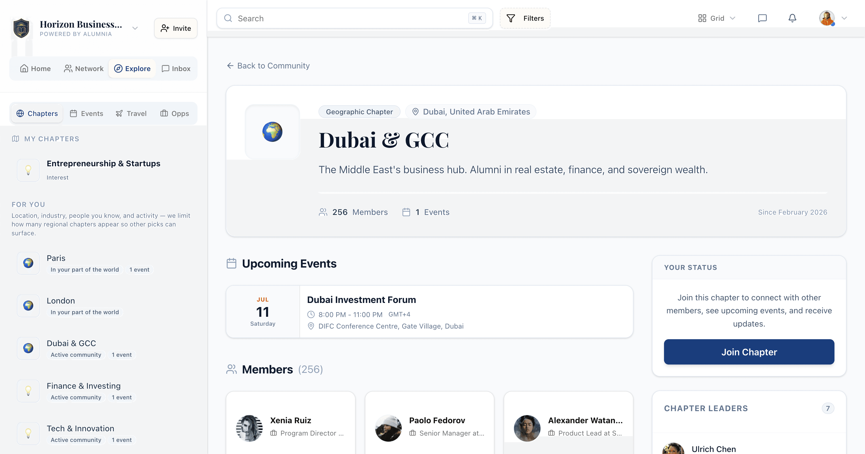 Alumnia chapter page — sub-communities by cohort, city and interest