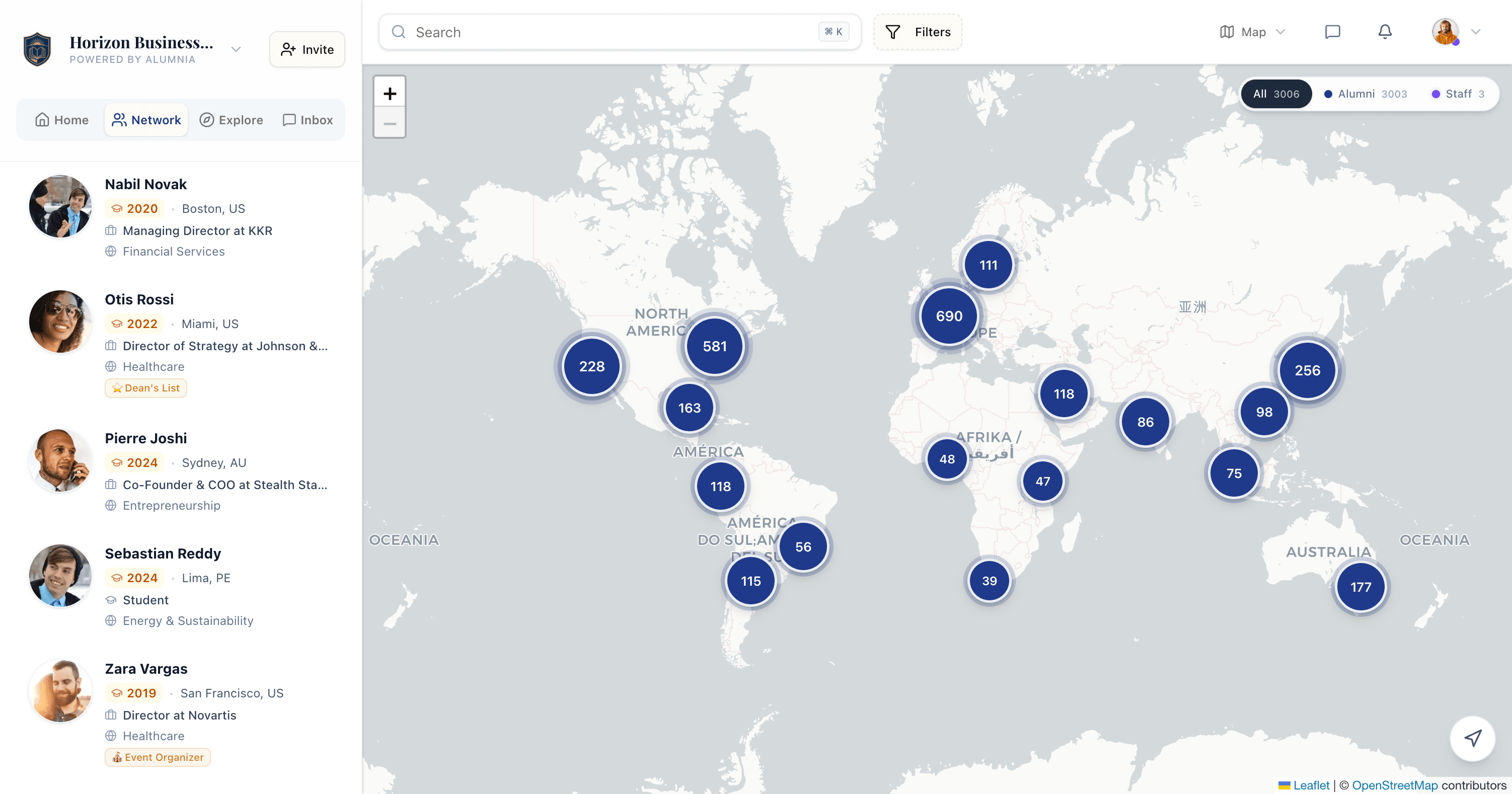 Alumnia map directory — alumni discoverable by city across the world