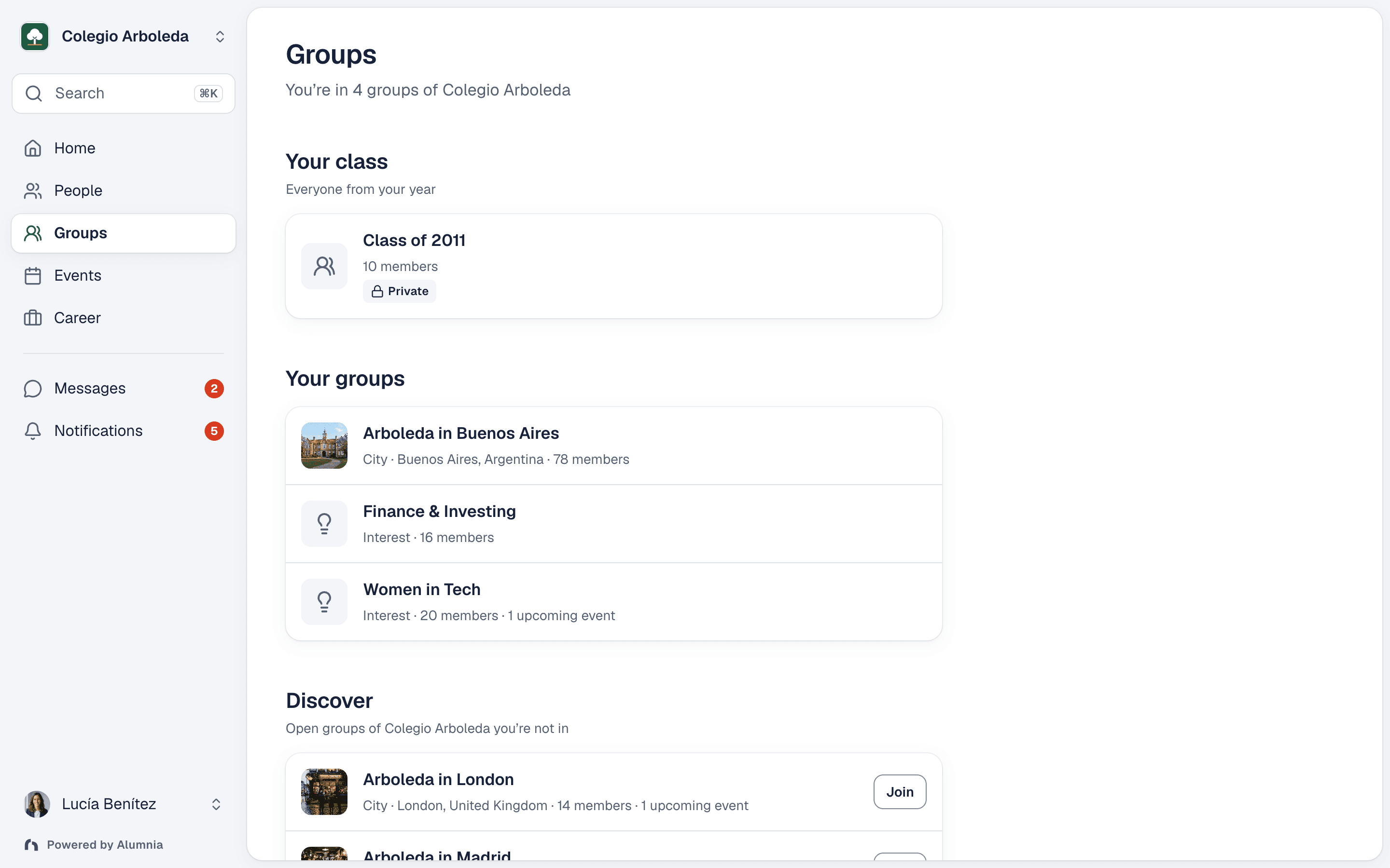Alumnia groups: sub-communities by class year, city and interest