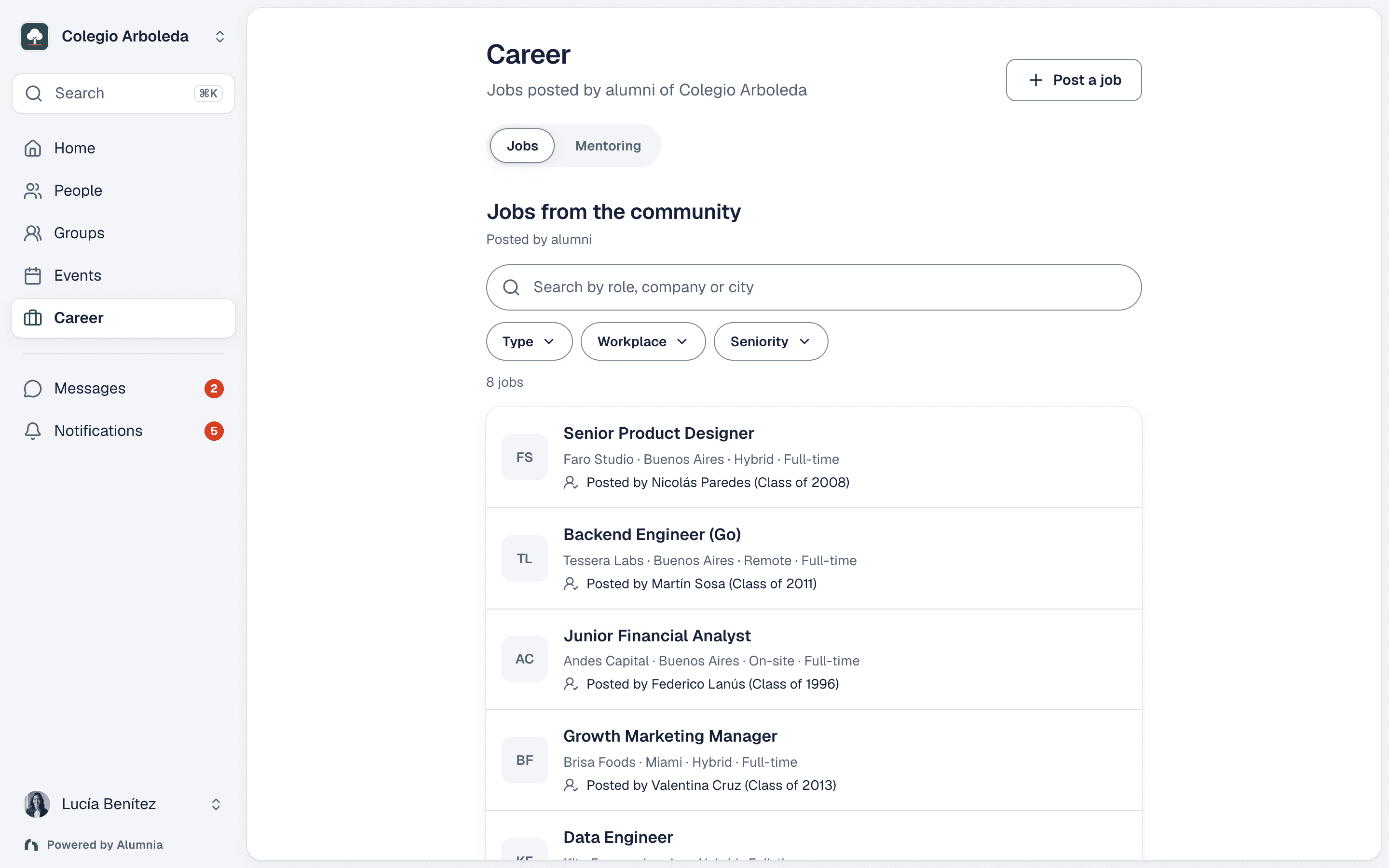 Alumnia jobs board: roles shared by alumni at their own companies