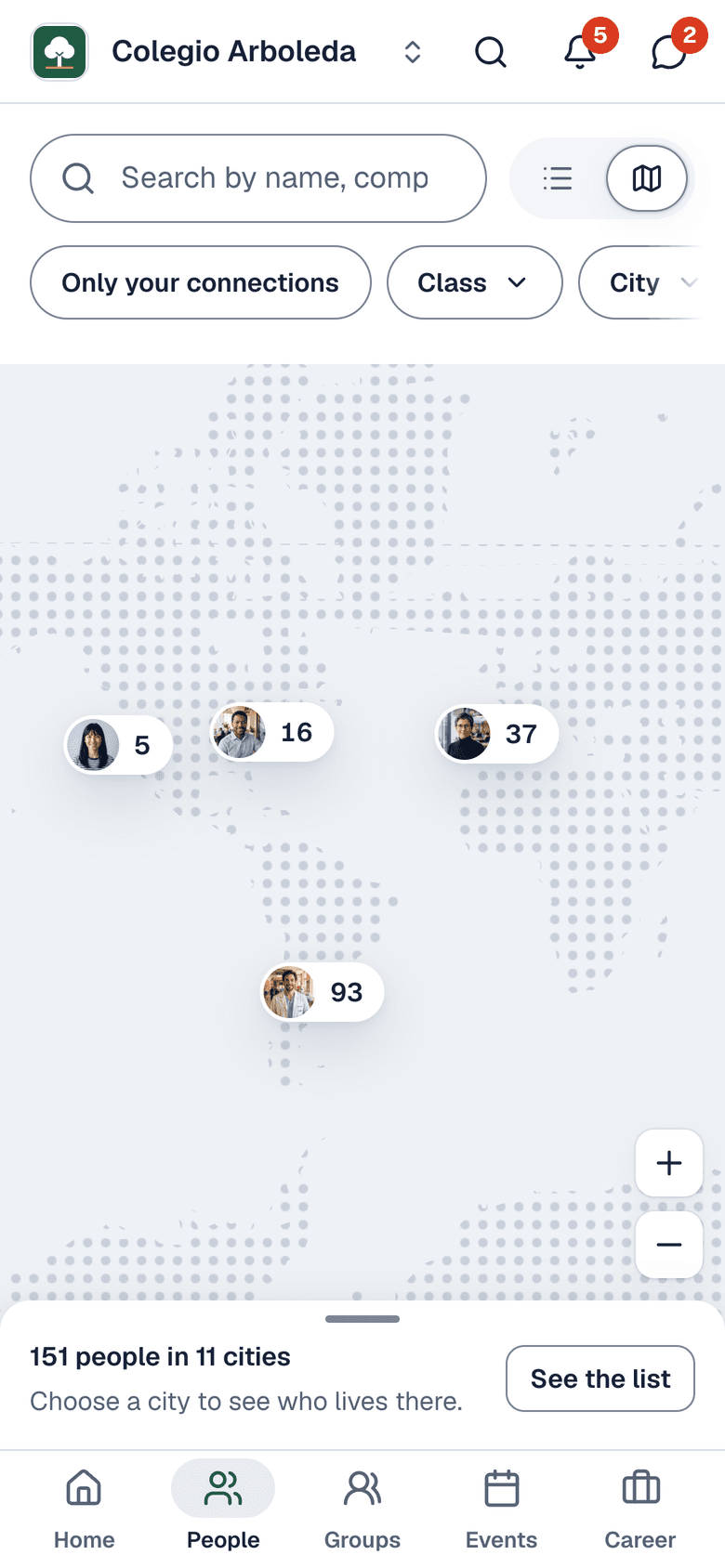 The Alumnia app on a phone: the alumni map