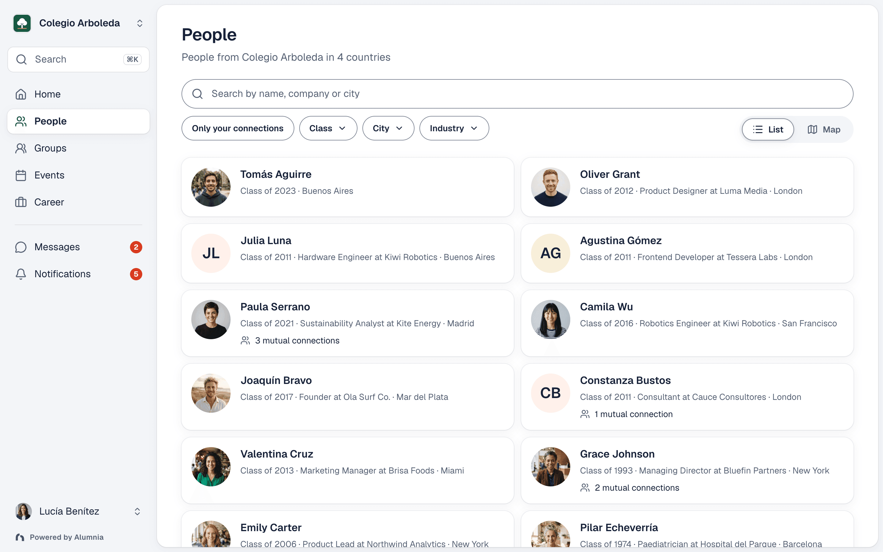 Alumnia directory: search alumni by city, class year, industry and role